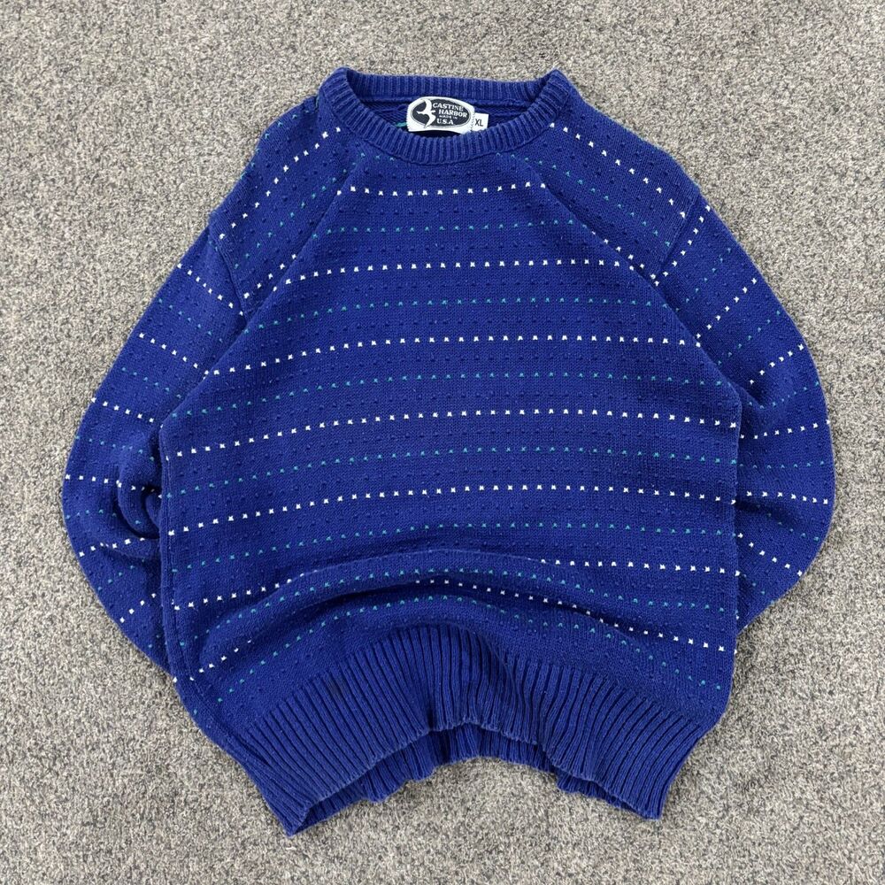 Vintage 90s Castine Harbor Knit Sweater Blue Patterned Made in USA - Adult XL